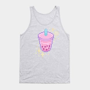 Pink Kawaii Pixel Art Boba Bubble Tea Design Tank Top